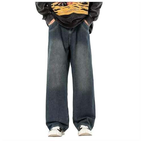 Generico Hombre Baggy Jeans Loose Fit Pants Niños Adolescentes Pierna Recta Denim Y2K Streetwear Skateboard Jeans Clásico Pantalones Regulares Niños Vintage Hip Hop Style Pantalones anchos, O Azul, L