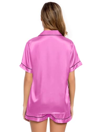 Image of LecGee Womens Silk Satin Pajamas Short Sleeve Loungewear Two-Piece Sleepwear Button-Down Pj Set