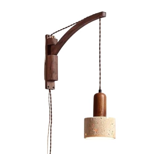 Aplique pared retro mediados siglo con interruptor enchufable, travertino amarillo, lámpara pared nogal for dormitorio, sala estar y mesita noche.(12 * 16cm)