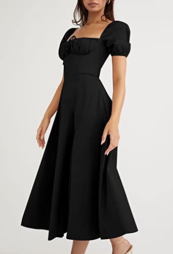 Linsery Women's Puff Sleeve Floral Maxi Dress Elegant Square Neck Cottagecore Boho Split Long Dresses3