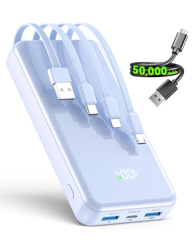 Image of Portable Charger,50000mAh Power Bank Built-in Cable, 22.5W PD USB C In & Out Fast Charging, External Battery Pack with 6 Output & 2 Input, Travel Phone Charger for iPhone 17 /16 /15 /14 /13 /12(Azure)