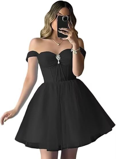 Shiny Tulle Homecoming Dresses for Teens Short Off Shoulder Prom Gown A-line Evening Dress