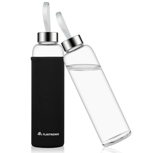 flintronic Botella de Agua Cristal 550ML, Vidrio Borosilicato con Tapón de Acero, Botella de Agua Reutilizable, Sin BPA, para Deporte, Camping, para Niños y Adultos (Negro)