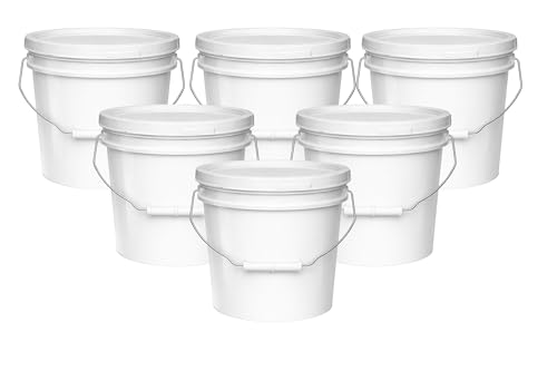 MKS Plastics 2-Gallon Bucket with Airtight Lid Made in USA Food Grade BPA Free Plastic Heavy Duty Multi-Use Metal Handle with Grip Stackable Storage White 6 Pack