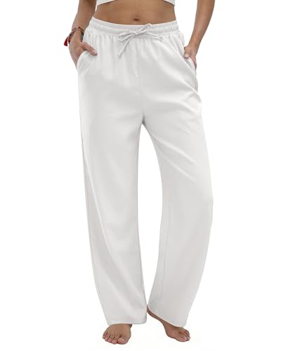 TOPYOGAS Women's Linen Casual Pants High Waist Drawstring Lounge Pant Summer Boho Straight Trousers with Pockets White