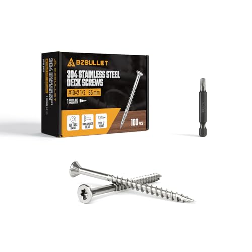 BZBULLET #10 × 2 1/2 inch 304 Stainless Steel Deck Screws Wood Screws, Flat Head T25 Star Drive, Type 17 Auger Tip with a Free T25 Star Drive Bit for All Outdoor Wood Construction 100Pcs