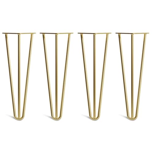 [HLC] 4 x Hairpin Table Legs – Superior Double Weld Steel Construction With Screws, Build Guide & Protector Feet Worth £8 Included! – 10mm Steel [14"/35cm,Brass]
