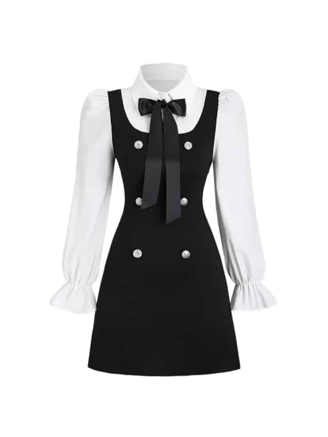 Women Short Dresses 2 In 1 Colorblock Turndown Collar Lantern Sleeve Black Suit Cute Dress