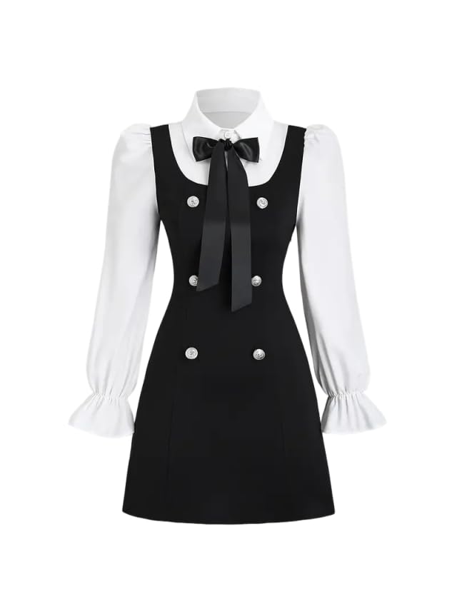 Women Short Dresses 2 in 1 Colorblock Turndown Collar Lantern Sleeve Black Suit Cute Dress