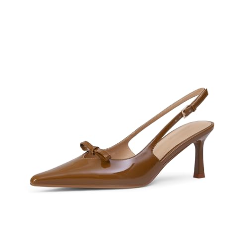 Women's Bow Pumps 2.8 in Kitten Heels Closed Pointed Toe V-Cut Slingback Faux Patent Leather4