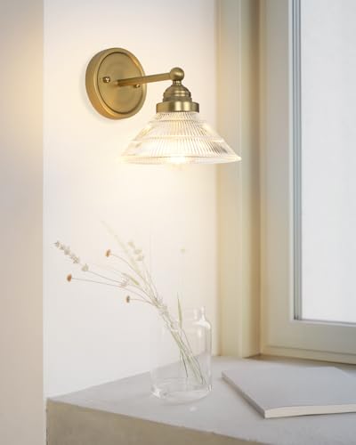 Image of Vintage 1-Light Wall Sconce with Clear Ribbed Glass Shade, Industrial Hardwired Wall Light Fixture for Bedside Living Room Vanity Bathroom Hallway