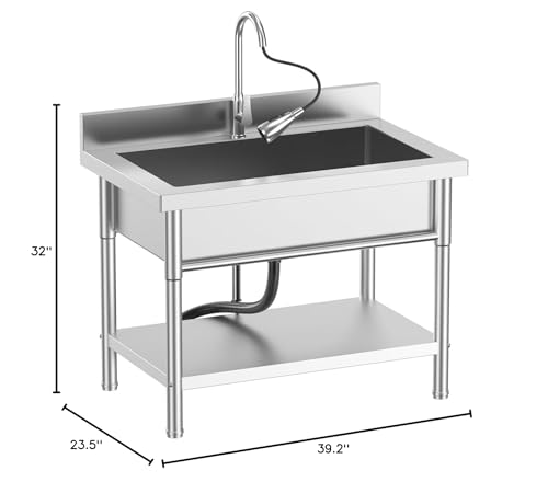 Image of 39Inch Stainless Steel Utility Sink Single Bowl Freestanding Laundry Sink with Pull-Out Faucet,for Laundry Room Farmhouse Indoor and Outdoor Sink Pet Cleaning