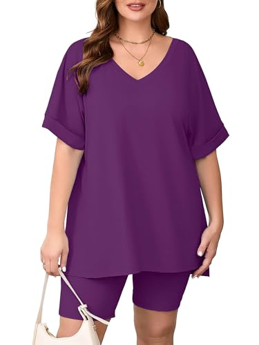 Image of AusLook Women's Plus Size 2 Piece Short Outfits Set Short Sleeve Tops and Shorts Pants Lounge Jogging outfits Matching Set