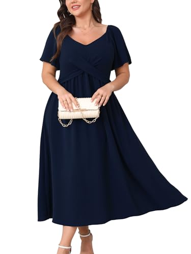SCOMCHIC Women Plus Size Midi Dresses Short Sleeve V Neck Twist Front Summer Wedding Guest Smocked Flowy A Line Dress