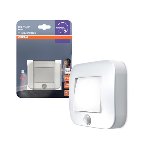OSRAM NIGHTLUX Hall Luz Nocturna Blanca, Detector de Movimiento, IP54, Funciona con Pilas, Blanco frío 4000 K, Ideal para pasillos, entradas, Montaje Flexible