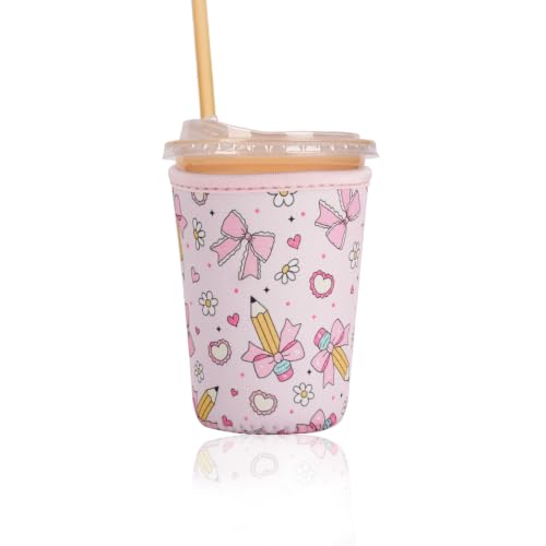 Image of Reusable Insulated Sleeve for Iced Coffee Cup, Coffee Neoprene Sleeve for Cold & Hot Drinks, Beverage Holder for Iced Coffee (Pencil Bows, Small: 16-18oz)