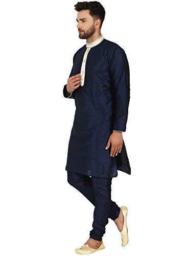 SKAVIJ Men\'s Tunic Art Silk Kurta Pajama Set Indian Ethnic Dress Suit (Small, Blue)