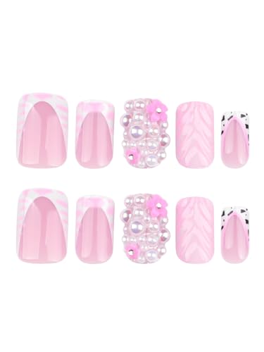 Image of Secret Lives Pink 3D Press On Nails - Glittery Pearl & Pink Leopard Print Wearable Artificial Nails