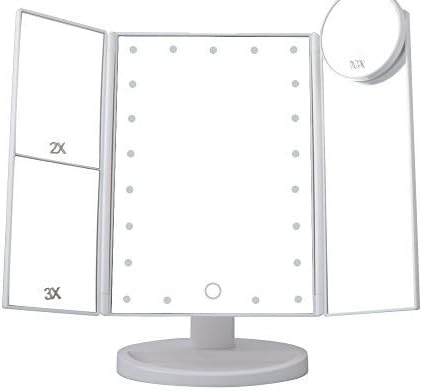 2018 Ressan White Tri-Fold Lighted Vanity Makeup Mirror with LED Lights, Touch Screen, 3X/2X/1X Magnification Mirror AND NOW WITH NEW 10x MIRROR, Dual-power Supply Mode, Travel make up mirror,