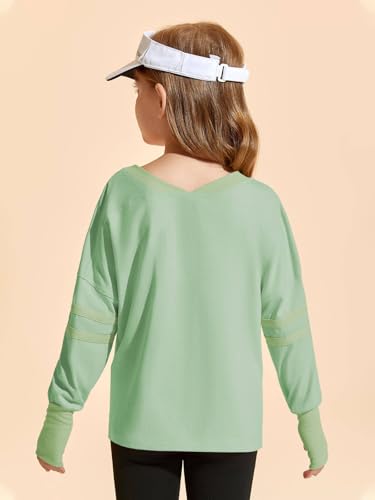 Image of Haloumoning Girls Oversized Long Sleeve T Shirts Kids Casual V Neck Cute Tops Basic Tees with Thumb Holes 4-14Y