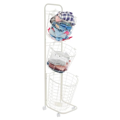 3 Tier Laundry Basket with Wheels, Durable Metal Laundry Sorter Trolley 48.4 * 14.2 * 13inch, White Tiered Hamper w/Removable Baskets for Saving Place at Home Dorm or Bathroom