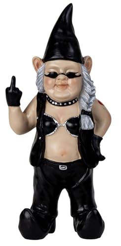Geschenkestadl Gartenzwerg Zwerg Rockerin Mittelfinger 31,5cm Rock Heavy Metal Rocker Spaßfigur Außendekoration Gartenfigur Dekofigur Dekoration Haus Hof Garten