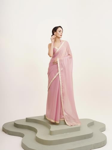 Image of ORHANS Women's Chiffon Saree with Unstitched Blouse Piece Solid Pattern and Laced Border | Lightweight Sarees for Woman | Plain Saris Daily Use | Womens Saree Modern Pattern| Stylish Saree