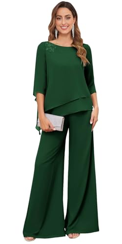 Women's 2PC Mother of The Bride Pants Suits for Wedding Lace Appliqued Chiffon Formal Outfit