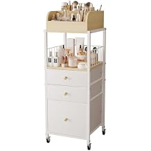 Makeup Organizer Cart with Drawers, Make up Organizers for Vanity, Floor Skincare Organizers- for Cosmetics, Nail Polish, Art Supply, Bathroom Vanity Desktop Organizer White