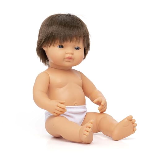 Miniland, Muñeco Bebé Europeo Niño Moreno, Vinilo Suave de 38Cm, Ligero y Agradable Perfume, Colección de Diferentes Etnias y Sexos para el Aprendizaje de la Diversida (31079)