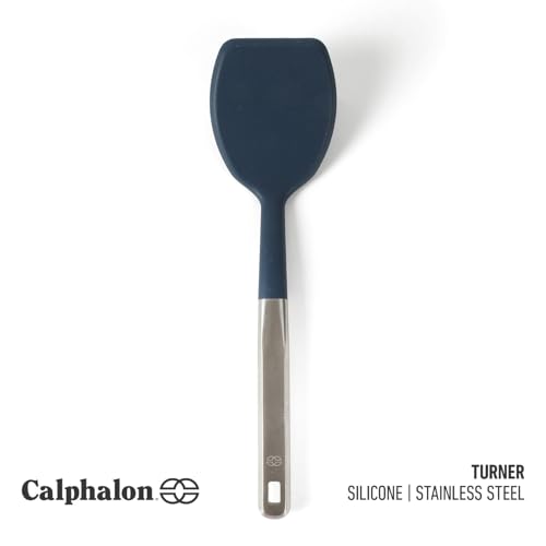 Image of Calphalon Prime Solid Turner, Cooking Spatula, Kitchen Spatula, Stainless Steel Turner with Navy Silicone Head, Heat Resistant for Nonstick Cookware, Ergonomic Handle for Easy Turning