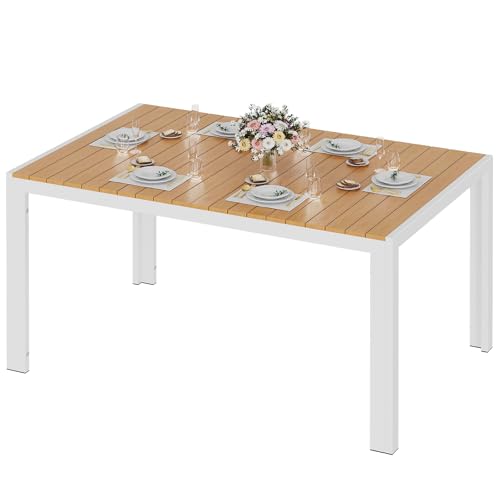 LIFERUN Gran mesa de jardín resistente a la intemperie - En aluminio - 140 x 90 x 75 cm - Con tablero de WPC - Rectangular - Para 6 personas - Mesa de jardín, terraza o balcón - Blanco +