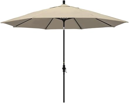 California Umbrella 11 Round Aluminum Market Umbrella, Crank Lift, Collar Tilt, Black Pole, Sunbrella Antique Beige
