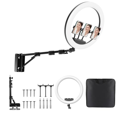 19 Ring Light Wall Mount with Phone Holder 45.7 Triangle Boom Arm Wall Mounted Light Stand 360 Rotatable Studio Lighting for Live Streaming Photography Salon Barber Beauty Tattoo