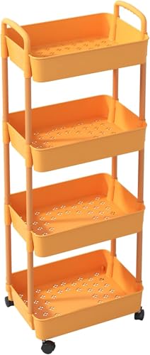 Riuuyyi キッチンワゴン キッチンラック キャスター付き 収納棚 すきま収納 収納ワゴン キッチン収納カート おしゃれ 収納ラック 隙間収納 (4段,オレンジ)