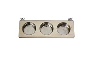 3er Futtertablett, 30x10cm Holz Sitzbrett + 3x Edelstahl N&auml;pfe | Vogel-Futtern&auml;pfe