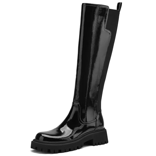 Image of TEAIEU Knee High Boots for Women, Platform Chunky Block Low Heel Tall Boots, Round Toe Side Zipper Fall Long Boots for Dress, Stretch Calf, Comfortable
