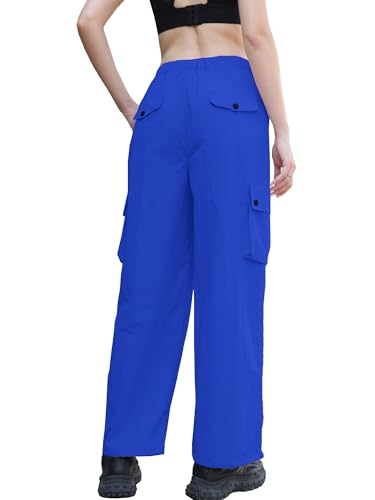 Image of Betusline Girls & Women's High Waist Wide Leg Cargo Pants Y2K Parachute Pants with Pockets and Drawstring 6 Years-Women 2XL