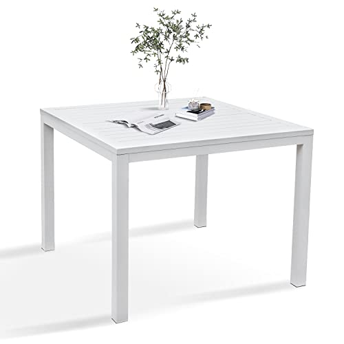 KAIDYSENY 36 Inch Aluminum Outdoor Dining Table - Square Patio Table for 4-Person, Weather-Resistant Dining Table Furniture for Lawn Backyard Garden Deck Kitchen Indoor Outdoor Use (White)
