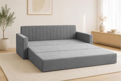 Image of Los Angeles Modern Velvet 3-Seater Sofa Cum Bed with Armrest, Multipurpose Convertible Sleeper Couch Sofa for Living Room, Bedroom & Office- Grey Color