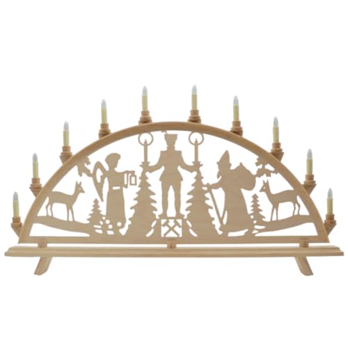 Erzwelt - Lichterbogen DBR83 – Holz Schwibbogen – Leuchtbogen mit 11 Kerzen – Original Erzgebirge Fensterbogen – Weihnachtsdeko – Motiv Engel, Bergmann & Weihnachtsmann – 80 x 48 x 5 cm