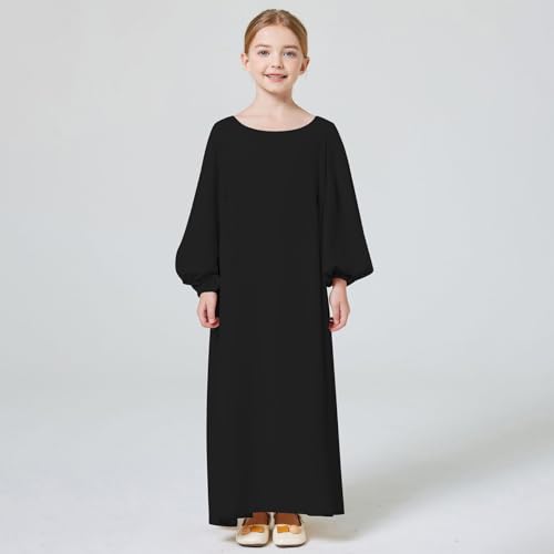 Kids Girls Muslim Abaya Long Lantern Sleeve Robe Maxi Dress Dubai Islamic Pleated Prayer Dress Full Cover Kaftan Casual2