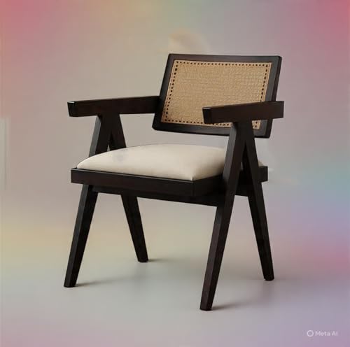Image of Modern Cane Back Accent Chair, Black Wood Frame with Natural Rattan, Ivory Cushioned Seat, Contemporary Living Room Furniture