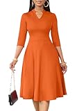 Picture of Nmoder Casual Dresses for Women Semi Formal Fit and Flare 3/4 Sleeve A-line Church Work Dress with Pockets Orange 2XL