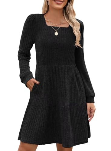 Image of QACOHU Falll Dresses for Women 2026 Crew Neck Long Lantern Sleeve Casual Loose Flowy Swing Shift Dress
