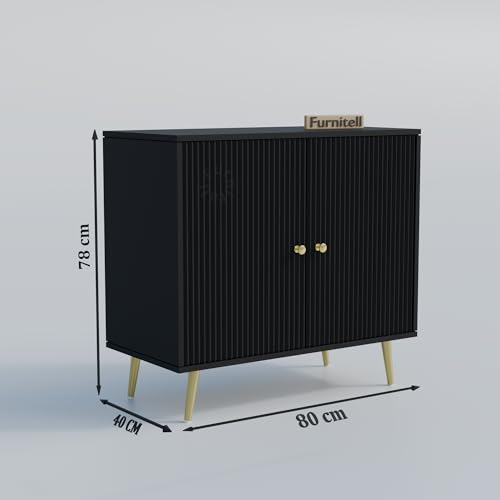 Image of Wooden Storage Cabinet For Living Room & Bedroom | Fluted Design Sideboard Cabinet with 2 Doors Storage Unit | Multipurpose Organizer for Entryway | HDMR Premium Wood|Gold Metal Legs (Black)