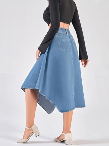 ebossy Women's Pleated Flowy Smocked Waist Handkerchief Hemline Denim Midi Skirts with Pockets4