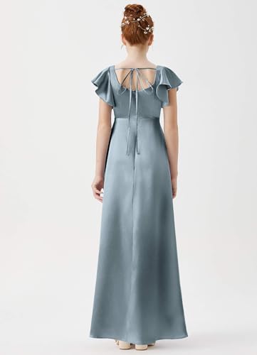 Junior Girls Bridesmaid Dress for Wedding Satin Short Sleeve Flower Girl Dresses for Teen with Slit JR0022
