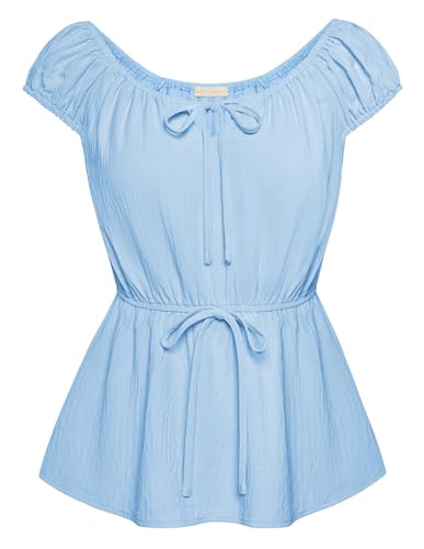 Belle Poque Camicia da donna a tunica vintage con scollo a U con volant e coulisse a maniche corte, Azzurro, M