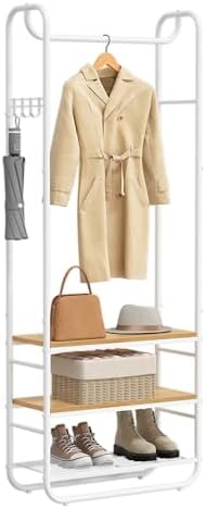 VASAGLE Garderobenständer, mit Schuhablage, 58 x 28 x 181 cm | Garderobe, Kleiderständer, Schuhregal, Flur, Schlafzimmer, Modernes Design, Goldeiche, COLTEN Kollektion HSR81WN